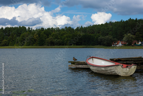 Weathered white and red rowboat moored beside a rustic wooden dock, with a mallard duck, forest and lakeside houses under dramatic clouds.