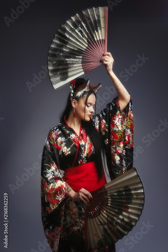 Japanese Kitsune Fantasy Woman in Kimono with Folding Fans