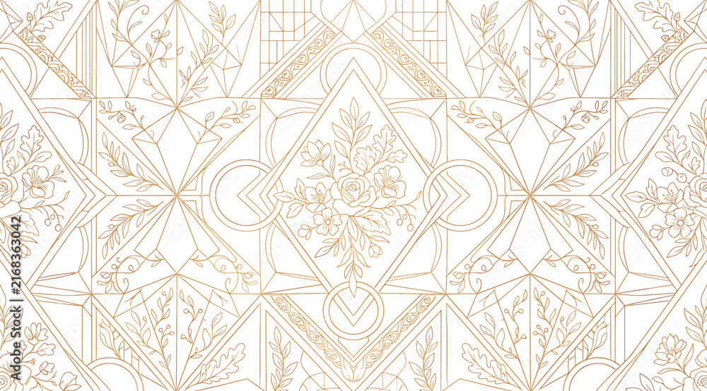 Naklejka premium Elegant seamless pattern with golden floral motifs and geometric diamond shapes, luxury vintage wallpaper design