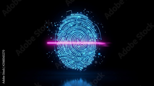 Glowing blue digital fingerprint scanner rendered with neon pink light effects against a dark black background showcasing advanced cyber security identification technology for modern data protection a