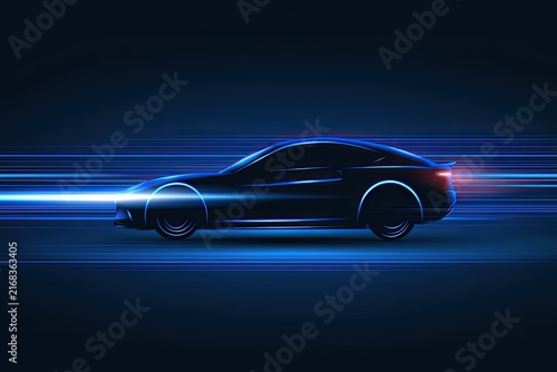 Sleek electric car in motion, bathed in vibrant blue light trails