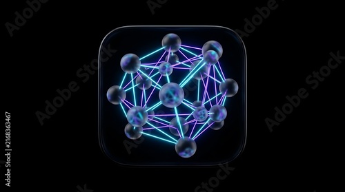 Glowing molecular structure displaying dark metallic spheres connected by vibrant cyan and purple laser lines inside rounded square frame isolated on black background illustrating scientific connectiv
