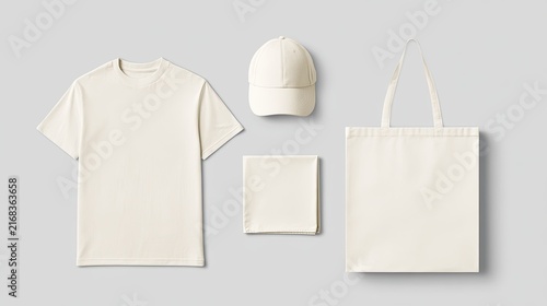 Minimalist arrangement of blank, natural-hued apparel and accessories t-shirt, cap, tote, and bandana