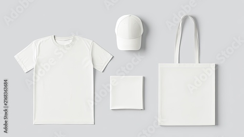 Set of white apparel and accessories arranged on a plain background