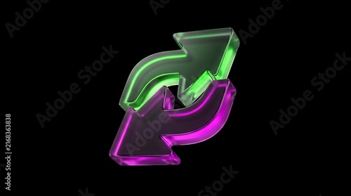 Glowing glass refresh icon featuring dual arrows in vibrant green and purple colors displayed against a deep black background representing digital synchronization cycles and modern user interface inte