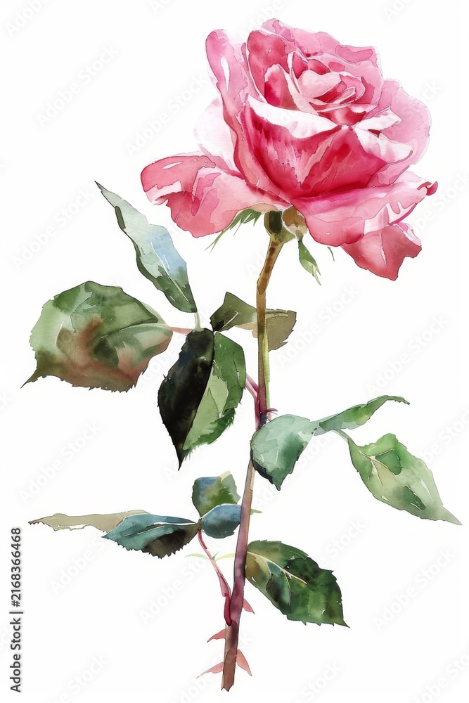 Fototapeta premium Beautiful pink rose with delicate petals and green leaves showcasing elegance in a watercolor painting style