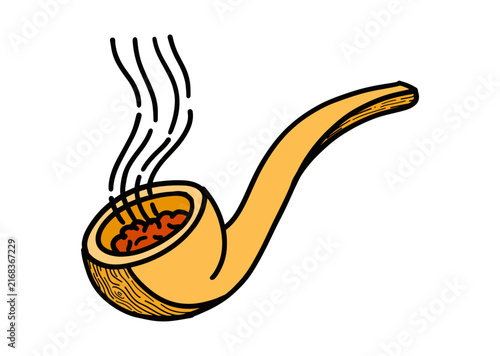 Hand-drawn smoking hookah pipe with rising smoke on white background
