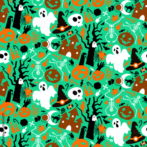 Halloween skeleton Party seamless pattern with dancing skeletons, ghosts, castle, crooked trees and ritual with dead in green swamp. Ornament for printing on fabric, cover and packaging. Vector