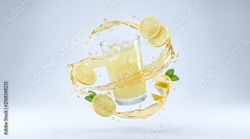 Dynamic 3D Render of Splashing Lemon Juice in a Glass with Floating Slices