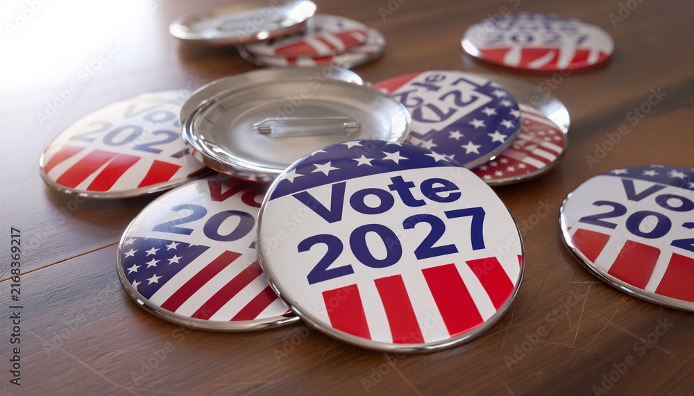 Fototapeta premium Vote 2027 Campaign Buttons Scattered on Wooden Table American Flag