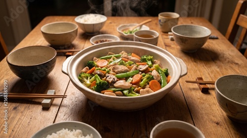 Steaming Bowl of Chicken Chop Suey on a Wooden Dining Table Setting