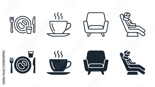 Airplane passenger comfort and inflight service icons with meal coffee seat and resting person passenger inflight