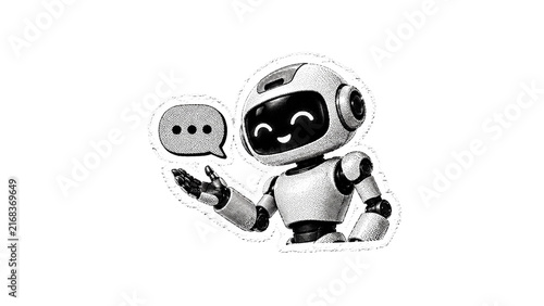 Halftone AI Robot Communicating with Speech Bubble, Artificial Intelligence and Virtual Assistant Concept in Torn Paper Collage Style with Cut-Out Illustration