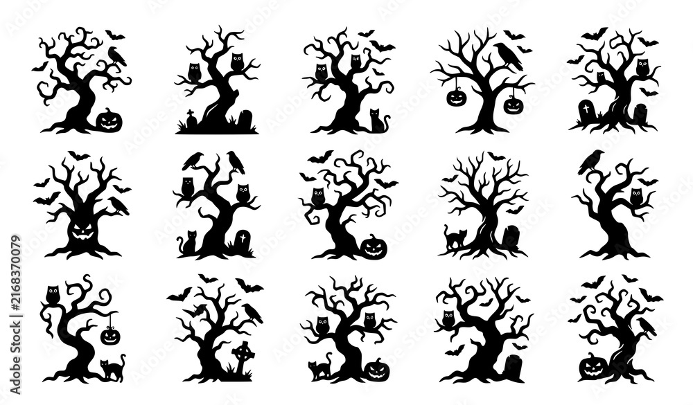 Fototapeta premium Spooky Halloween Trees with Bats Ravens Cats and Owls Black Silhouette Vector Set