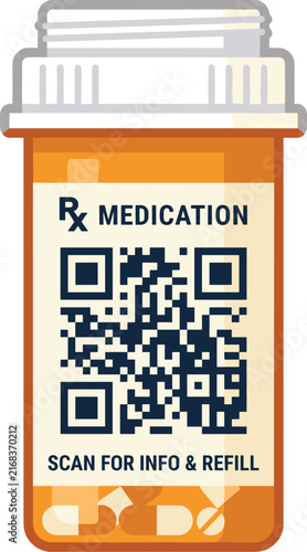 Prescription medication bottle with QR code vector illustration representing pharmacy refill, digital healthcare, and medicine tracking