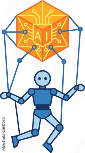 Artificial intelligence controlling robot puppet on strings vector illustration representing AI control, automation dependency, and technology ethics