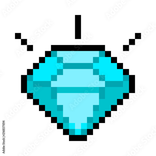 Diamond gem crystal reward item treasure pixel art style cyan blue design. Shiny pixelated gem bonus point video game asset icon isolated white background
