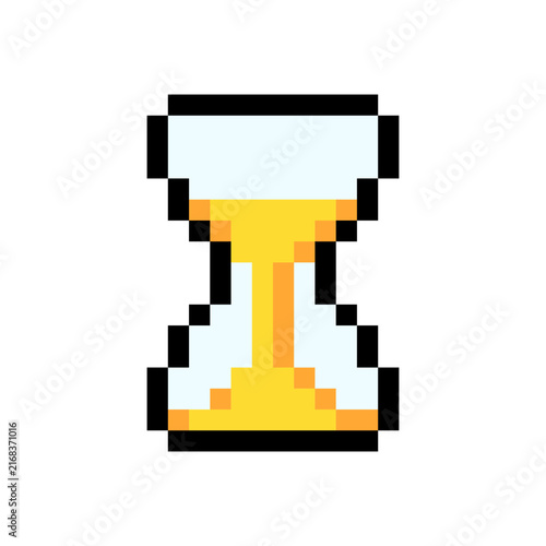 Hourglass timer sand clock loading waiting pixel art style game icon yellow black outline. Retro sand glass timer countdown loading indicator pixelated game UI asset isolated white background