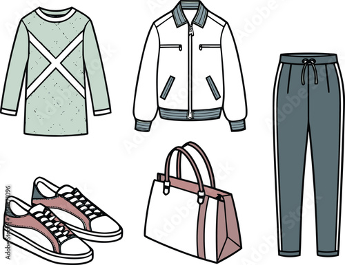 Set of stylish casual fashion clothing items including jacket sweater pants sneakers and handbag
