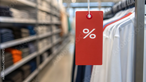 Red sale discount tag hanging on clothing rack in retail store with blurred background