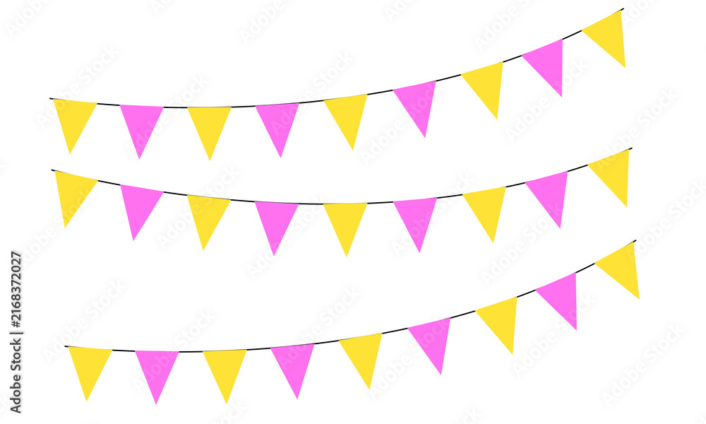 Fototapeta premium Three strings of colorful triangular bunting flags isolated on transparent background