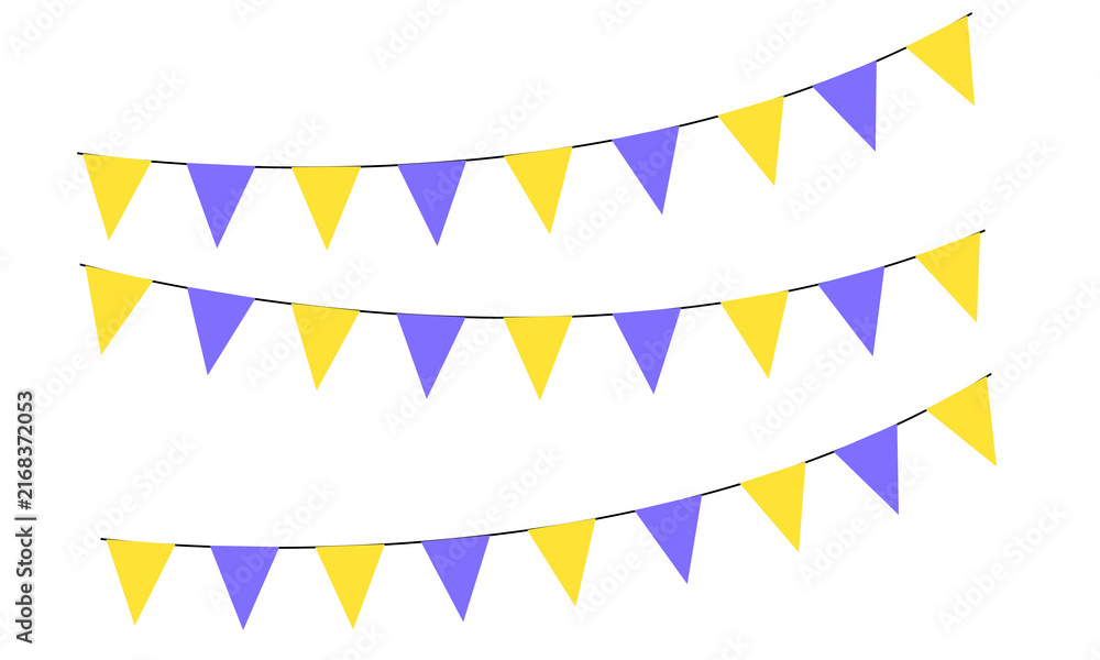 Fototapeta premium Three strings of yellow and purple triangular bunting flags isolated on transparent background