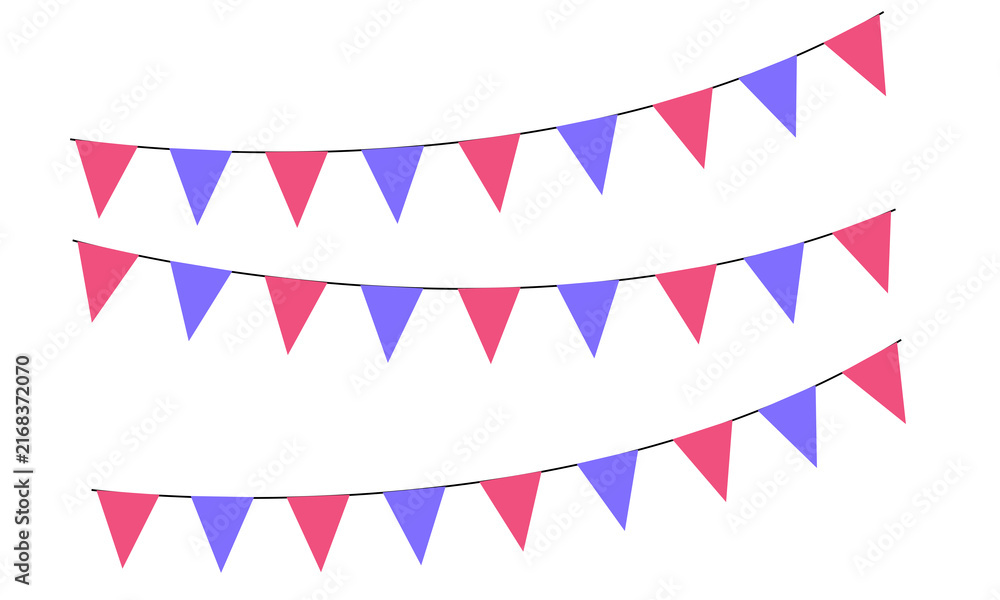 Obraz premium Three rows of colorful triangular party bunting flags isolated on transparent background