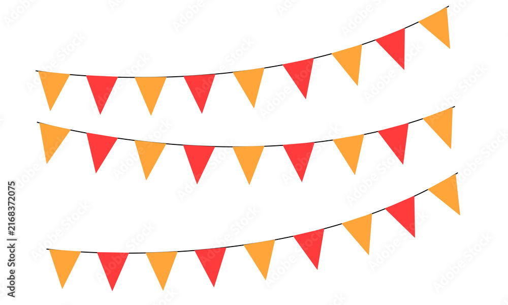 Obraz premium Three strings of colorful triangular party bunting flags isolated on transparent background