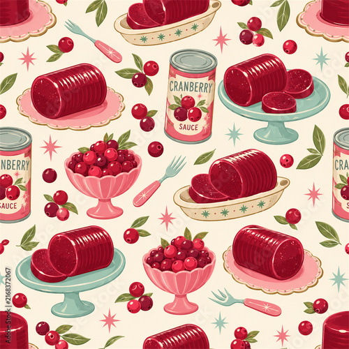 Retro cranberry sauce seamless pattern with red jelly molds canned cranberries serving dishes berries and mint leaves on cream for thanksgiving fabric wallpaper packaging and festive kitchen decor