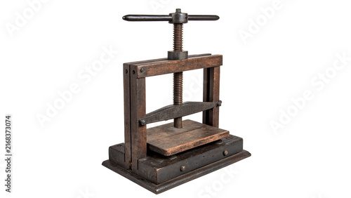 Фотография Vintage traditional wooden mechanical press printing bookbinding machinery isola