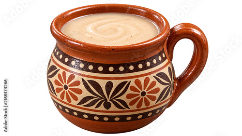 Traditional Mexican Atole in Decorated Clay Cup for Day of the Dead