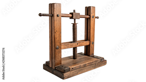 Quadro su tela Vintage traditional wooden mechanical press tool machinery element isolated on w