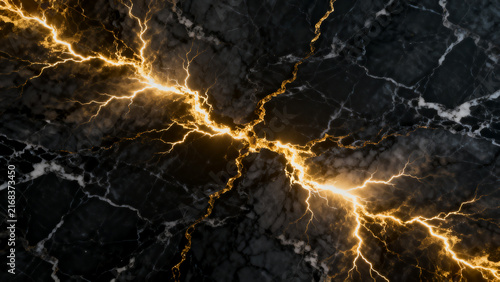 Golden energy cracking through dark marble texture with powerful abstract effect