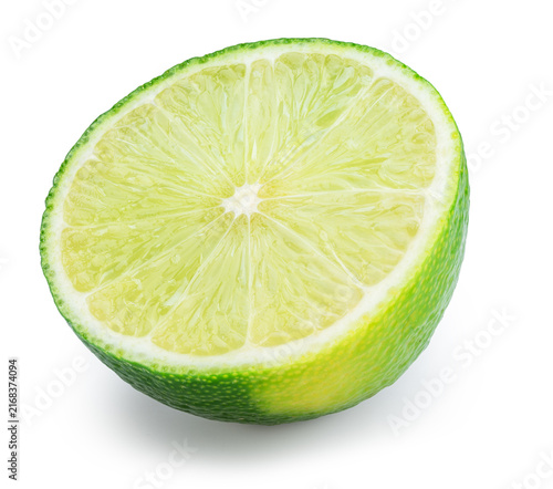 Bild auf Leinwand Green lime cut exactly in half isolated on a white background