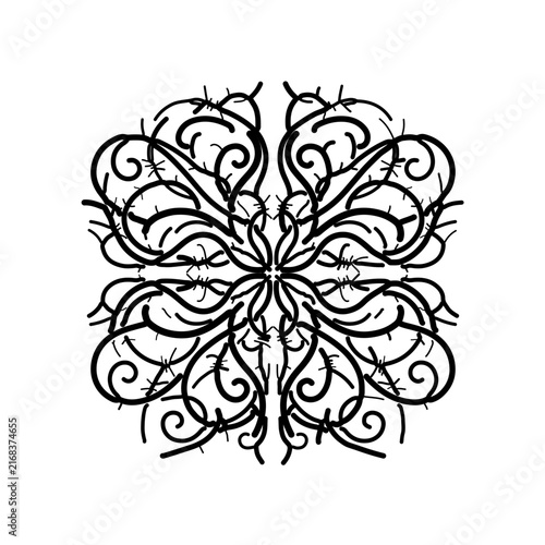 Abstract decorative tribal flourish icon featuring sharp, symmetrical curved lines with a delicate barbed wire aesthetic. Perfect for Y2K edgy fashion graphics, cyber tattoos, and retro futuristic 