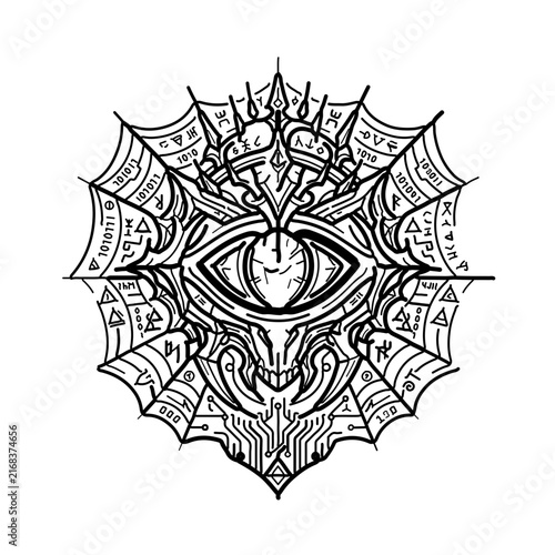 Symmetrical cyber-gothic icon featuring a minimalist alien eye surrounded by ancient computer glyphs, abstract binary code, and digital spiderweb ornaments. Ideal for Y2K sci-fi designs, dark aestheti