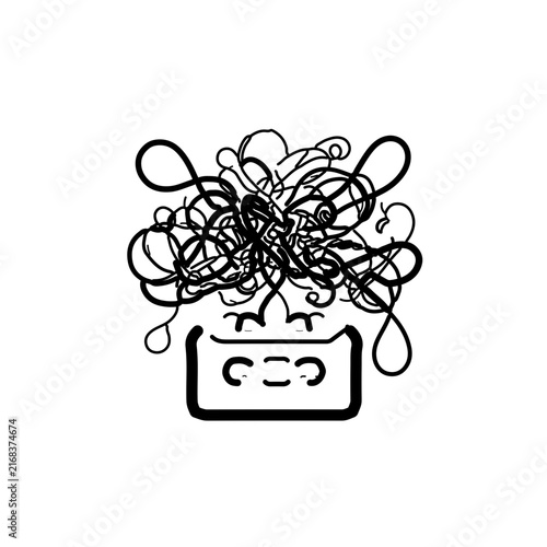 Unique tangled magnetic tape ribbon spool spilling out of a cassette, symbolizing classic retro tech frustrations and nostalgic analog music memories. Perfect for creative retro designs and music them