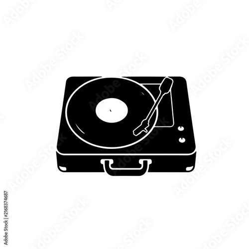 Retro portable turntable icon featuring a classic tone arm and small volume control knobs. Ideal for vintage music branding, DJ graphics, and retro audio concepts.
