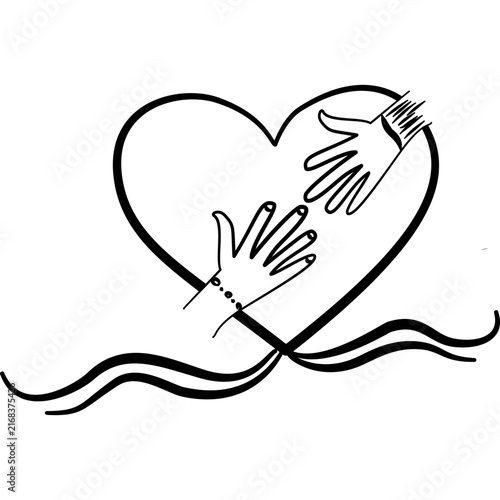 Bild auf Leinwand Hand drawn heart with two hands reaching toward each other, connected by flowing decorative lines