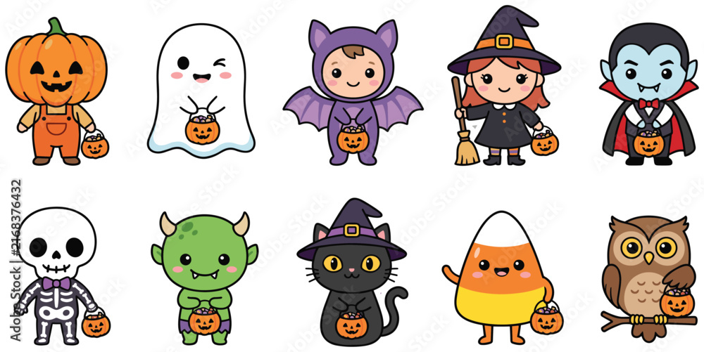 Obraz premium Halloween Chibi Character Sticker Set, Cute Cartoon Pumpkin, Ghost, Witch, Vampire, Skeleton, Monster, Cat, Candy Corn and Owl Vector Icon Illustrations