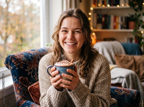 Young woman enjoying hot chocolate drink indoors during cozy winter evening at home