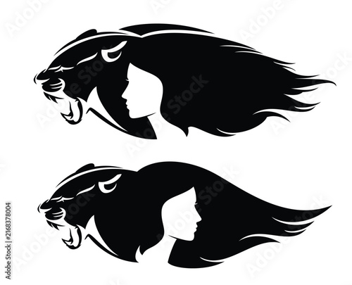 beautiful young woman profile with long hair flying in the wind and wild panther spirit roaring head - fantasy girl and her friend animal black and white vector silhouette portrait