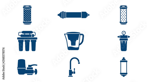 Water filtration systems and plumbing hardware icons.