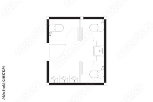 Commercial Public Toilet Floor Plan Architectural CAD Blueprint Vector. Black on White Isolated. 20