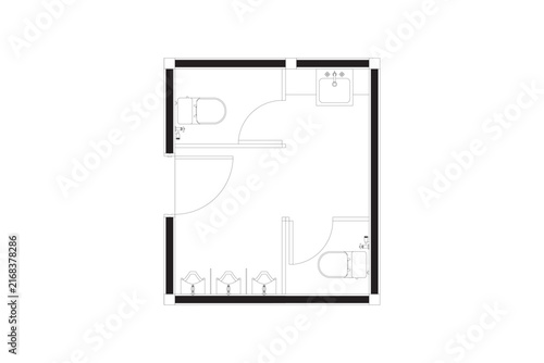Commercial Public Toilet Floor Plan Architectural CAD Blueprint Vector. Black on White Isolated. 19