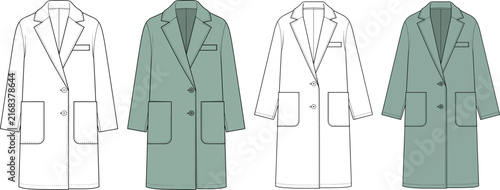 Tailored double button long coat vector technical CAD flat displaying notch lapel, large patch pockets, and welt chest pocket