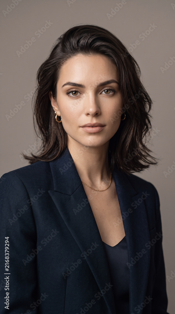 Fototapeta premium Ultra-realistic premium commercial headshot of a professional fashion model, perfectly balanced natural skin texture, sophisticated neutral expression, subtle elegant makeup, refined hairstyle