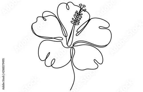 Hibiscus flower drawn with one continuous black line Vector, illustration