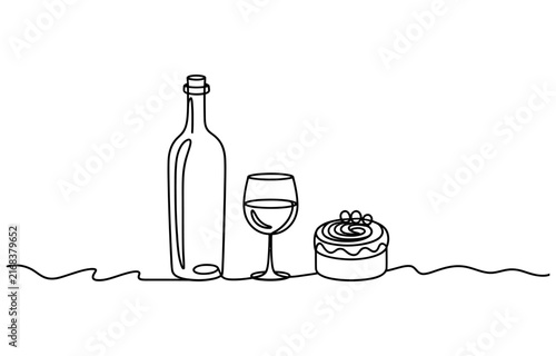 Continuous single line drawing of a wine bottle a glass and a small cake Vector, illustration