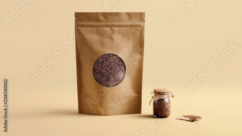 Brown flaxseed in glass jar and kraft paper bag with window on beige background